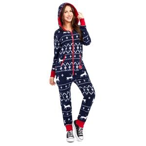 Tipsy Elves Onesie Pajama‎ Set Festive Christmas holiday reindeer Black Red